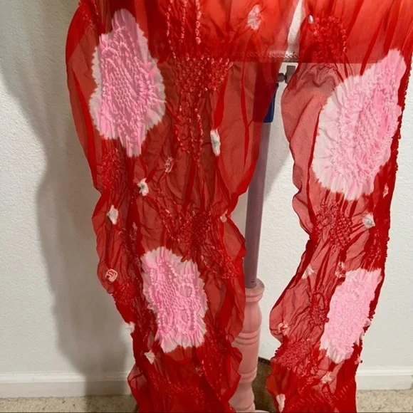 Vintage Rare One of a Kind Sheer Tie Dye Smocked Scarf Wrap Shawl Red Yellow